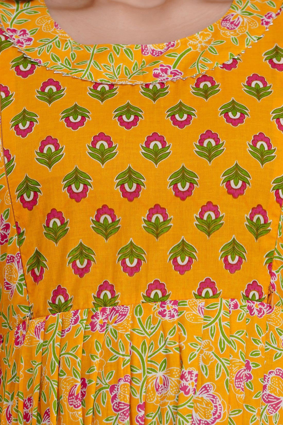 Majestic divas Cotton Mustard Yellow Pink Floral & Buti Printed Maternity Feeding Kurta Dress with Dual Zippers