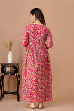 Majestic divas Cotton Red Ethnic Floral Printed Maternity & Feeding Kurta Dress with Dual Zippers