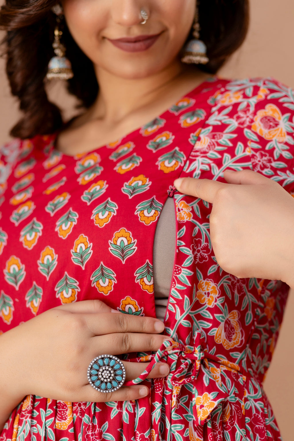 Majestic divas Cotton Red Ethnic Floral Printed Maternity & Feeding Kurta Dress with Dual Zippers