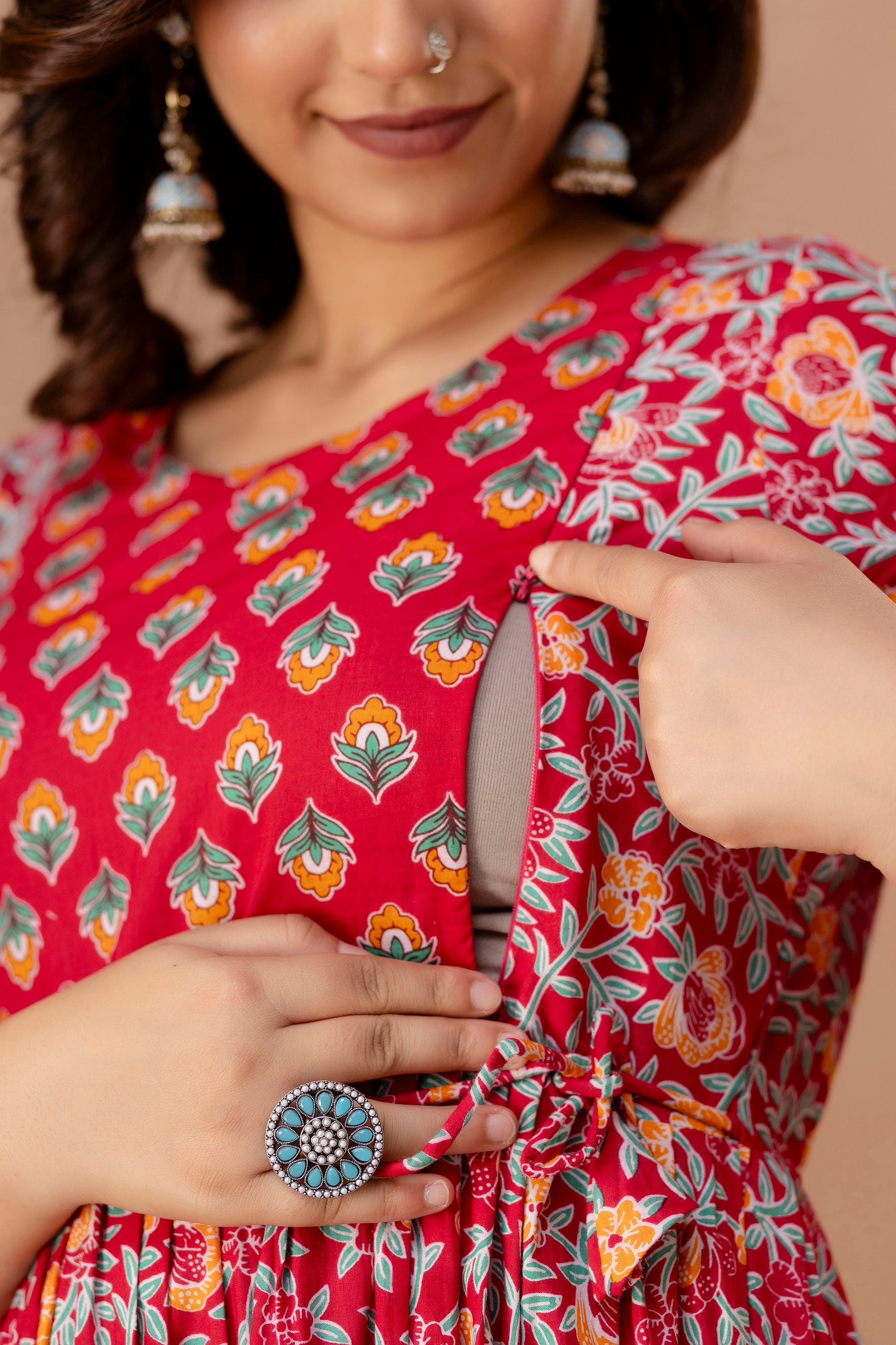 Majestic divas Cotton Red Ethnic Floral Printed Maternity & Feeding Kurta Dress with Dual Zippers