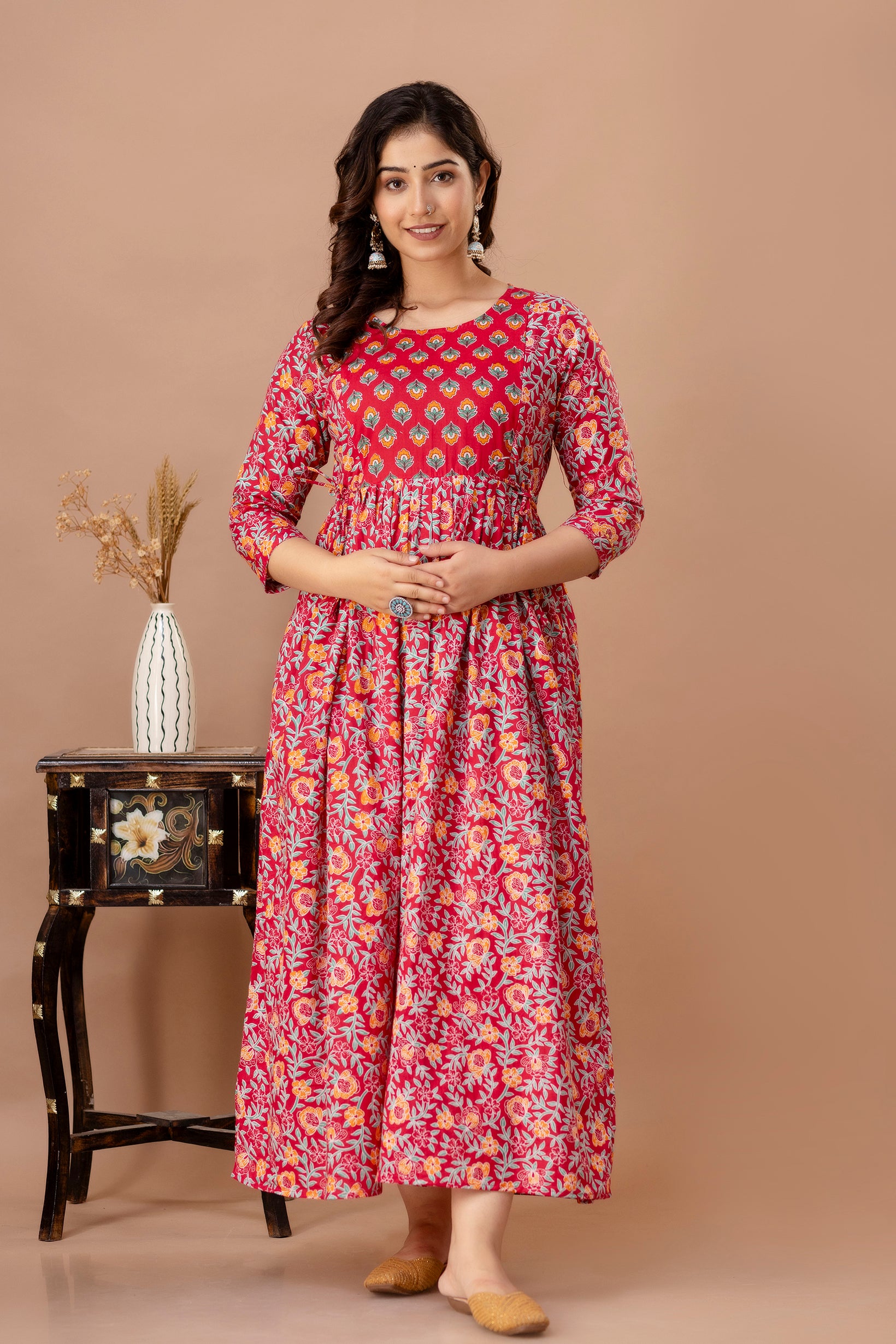 Majestic divas Cotton Red Ethnic Floral Printed Maternity & Feeding Kurta Dress with Dual Zippers Secondary image