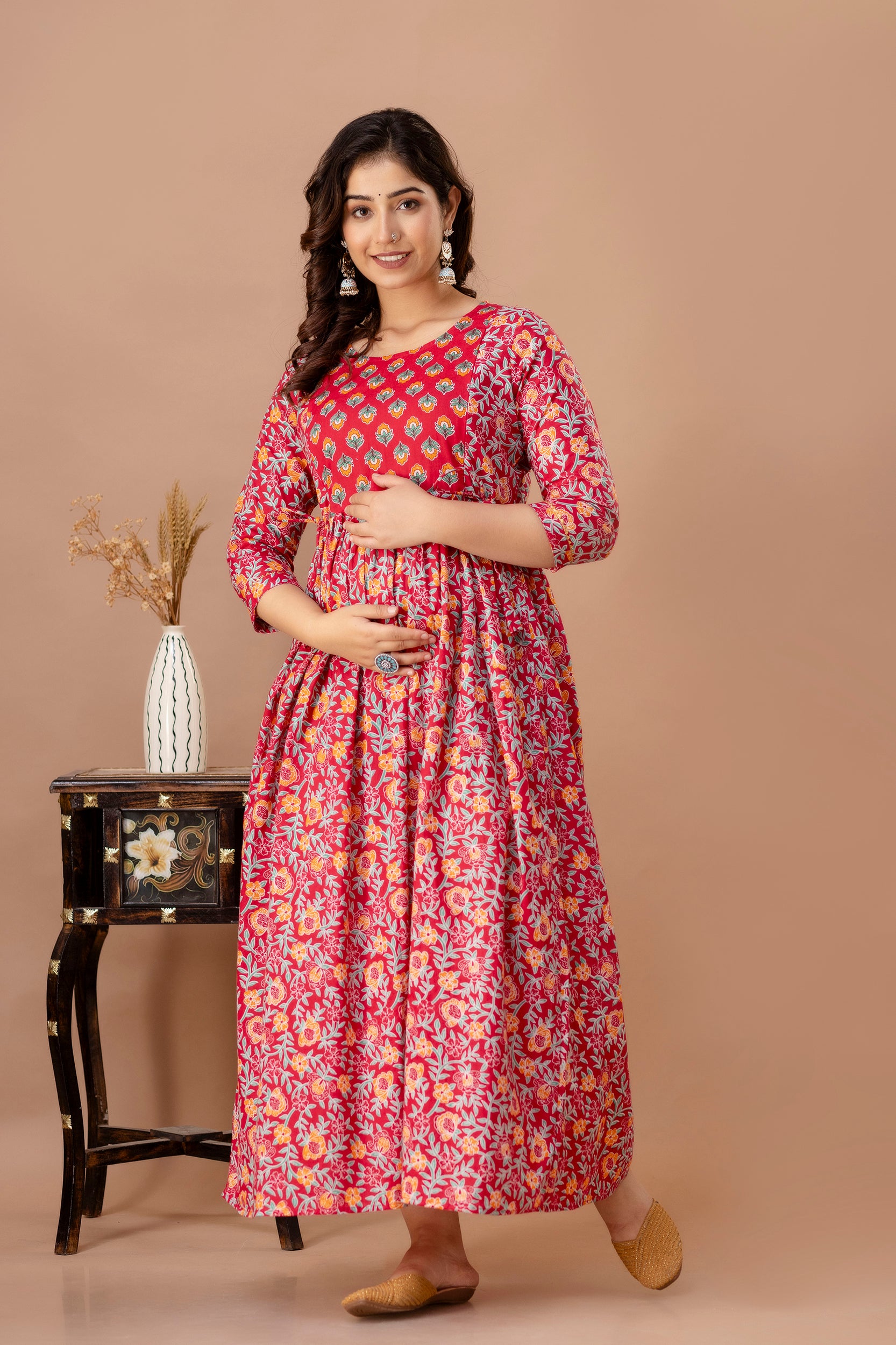 Majestic divas Cotton Red Ethnic Floral Printed Maternity & Feeding Kurta Dress with Dual Zippers Main image