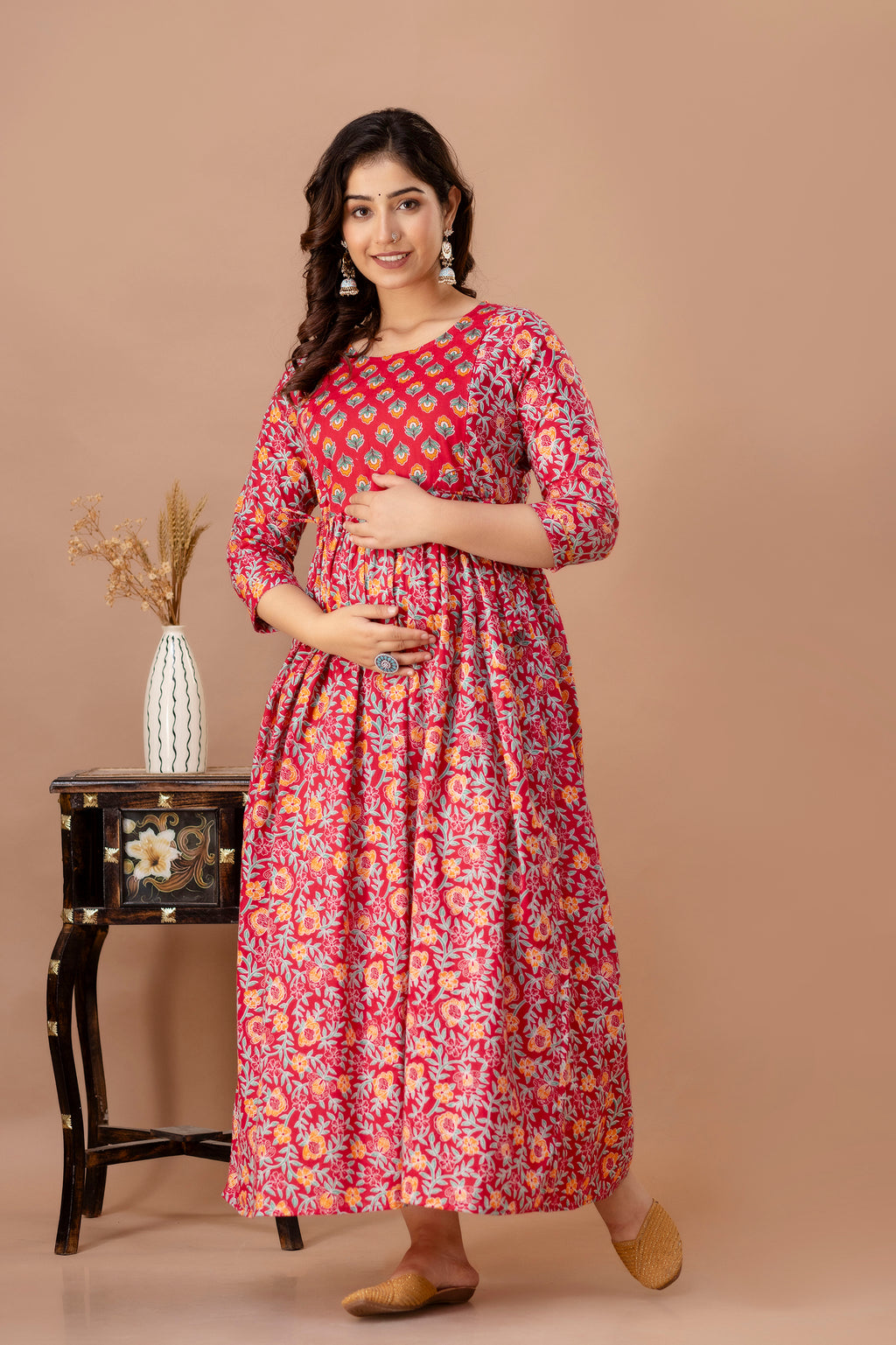 Majestic divas Cotton Red Ethnic Floral Printed Maternity & Feeding Kurta Dress with Dual Zippers