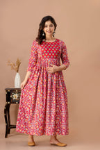 Majestic divas Cotton Red Ethnic Floral Printed Maternity & Feeding Kurta Dress with Dual Zippers