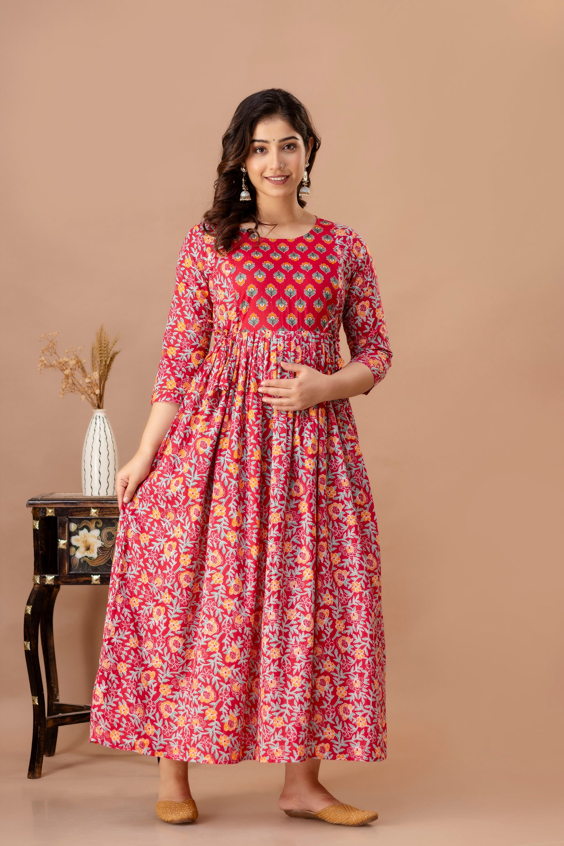 Majestic divas Cotton Red Ethnic Floral Printed Maternity & Feeding Kurta Dress with Dual Zippers