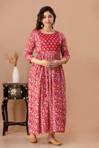 Majestic divas Cotton Red Ethnic Floral Printed Maternity & Feeding Kurta Dress with Dual Zippers