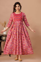Majestic divas Cotton Red Ethnic Floral Printed Maternity & Feeding Kurta Dress with Dual Zippers