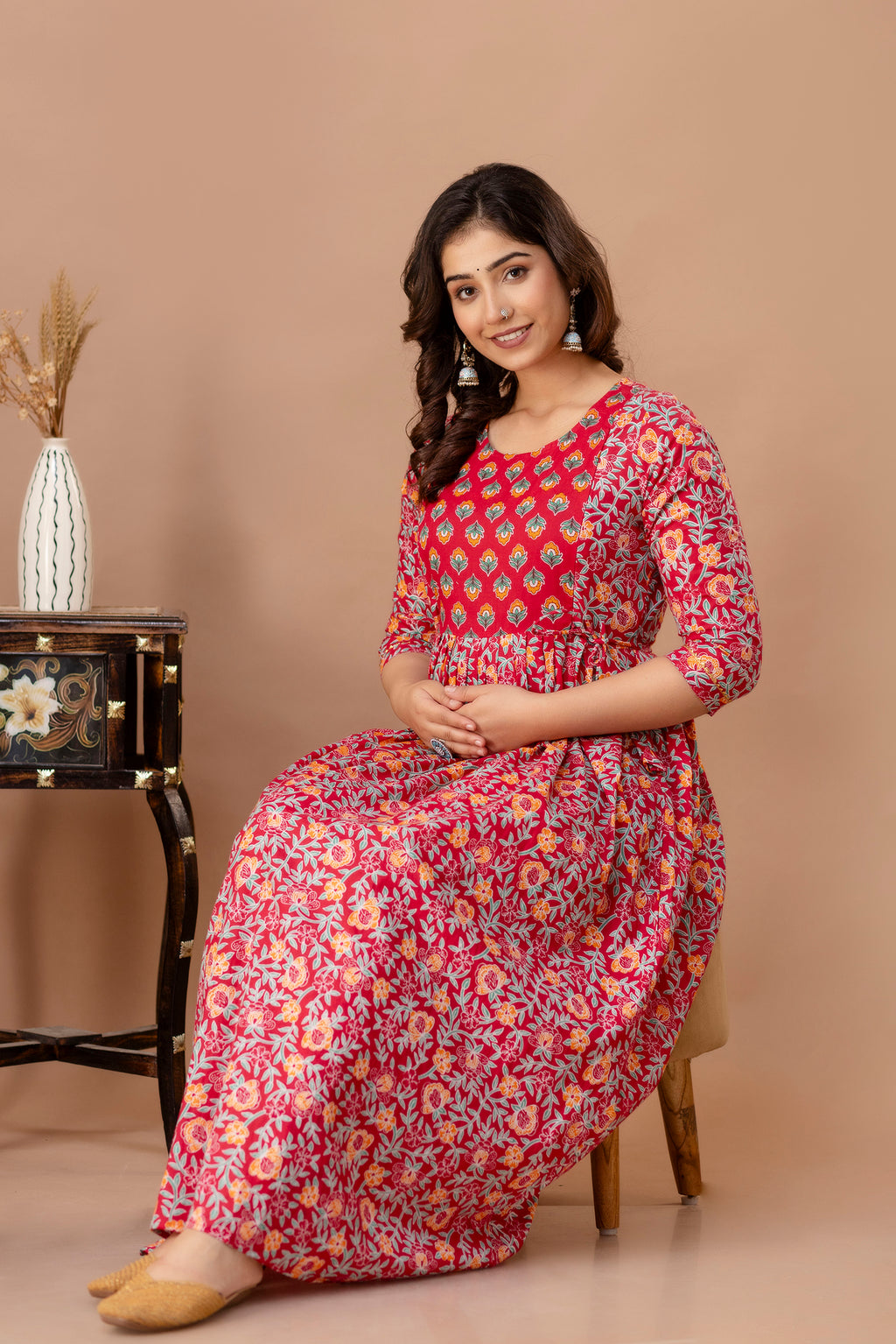 Majestic divas Cotton Red Ethnic Floral Printed Maternity & Feeding Kurta Dress with Dual Zippers