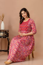 Majestic divas Cotton Red Ethnic Floral Printed Maternity & Feeding Kurta Dress with Dual Zippers