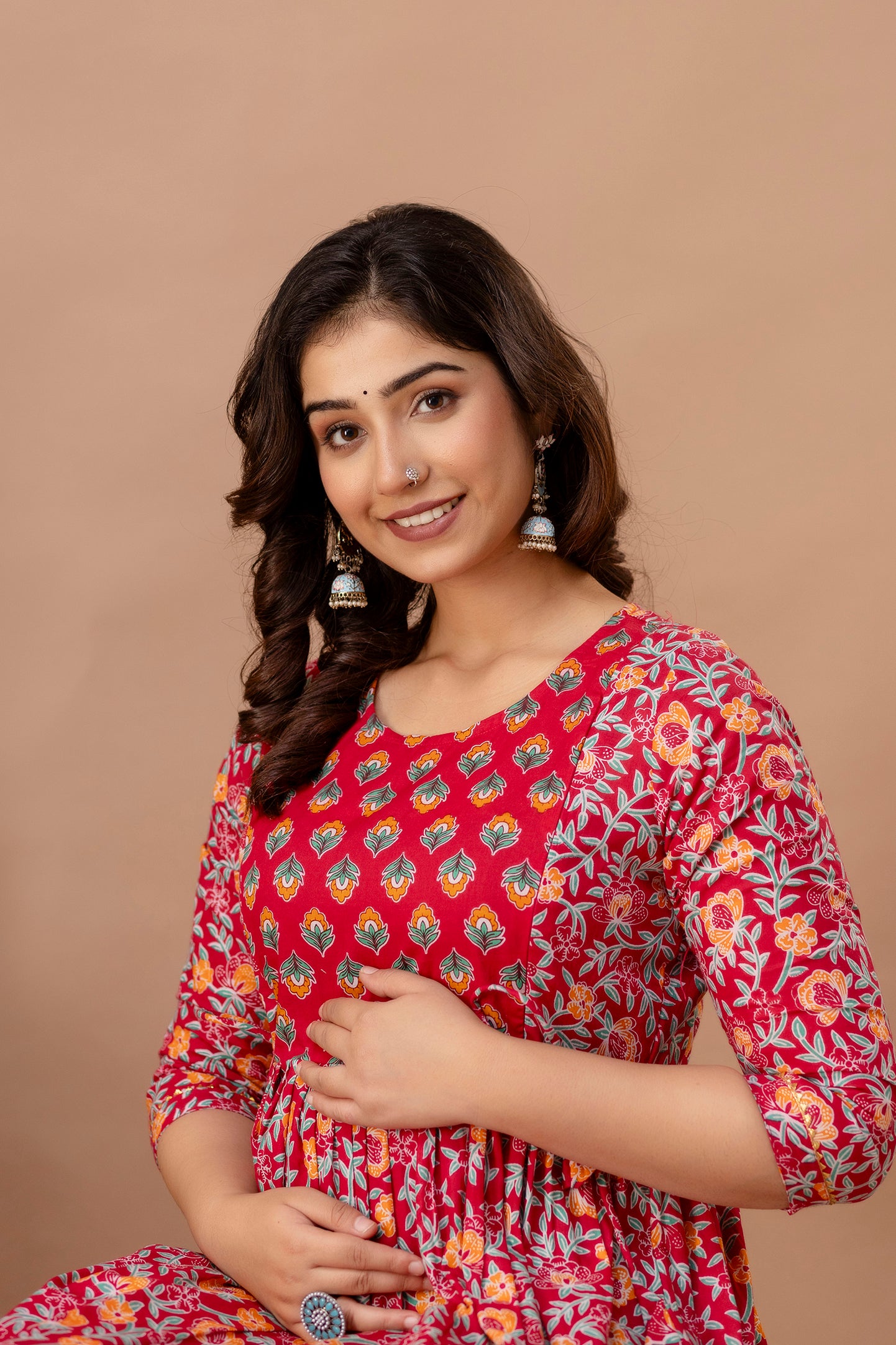 Majestic divas Cotton Red Ethnic Floral Printed Maternity & Feeding Kurta Dress with Dual Zippers