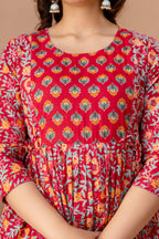 Majestic divas Cotton Red Ethnic Floral Printed Maternity & Feeding Kurta Dress with Dual Zippers