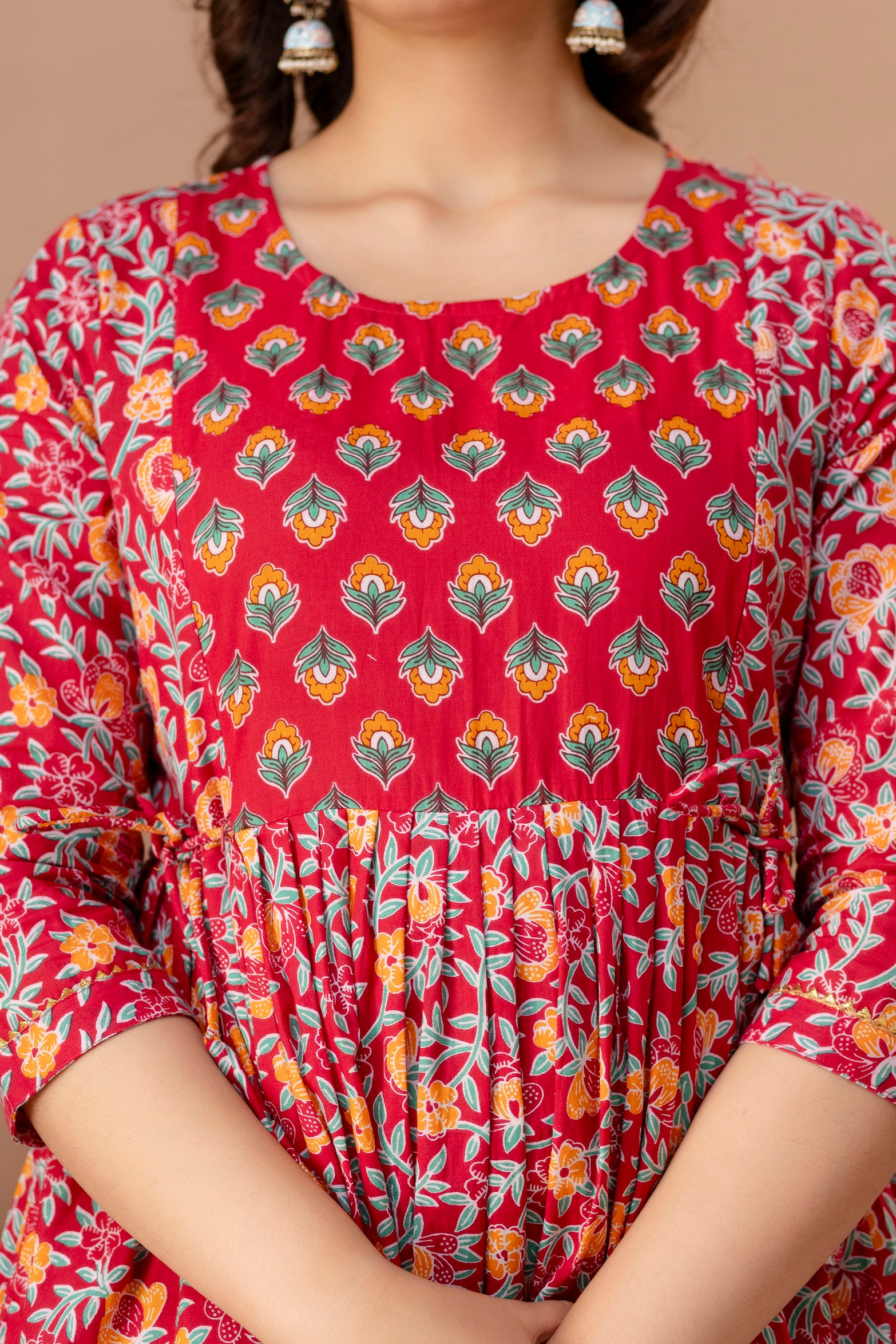 Majestic divas Cotton Red Ethnic Floral Printed Maternity & Feeding Kurta Dress with Dual Zippers