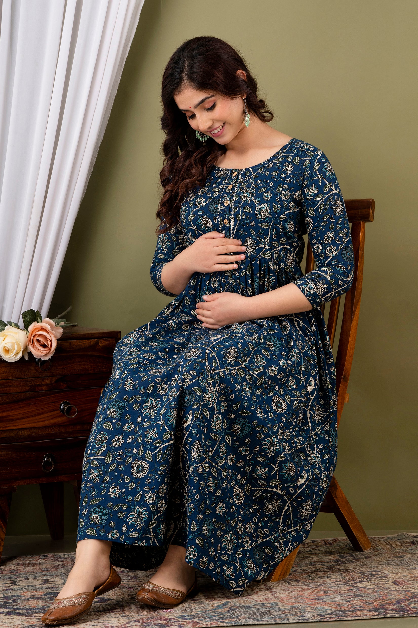 Majestic divas Cotton Teal Blue Beige Floral & Bird Printed Maternity Feeding Kurta Dress with Front Buttons & Dual Zippers Main image