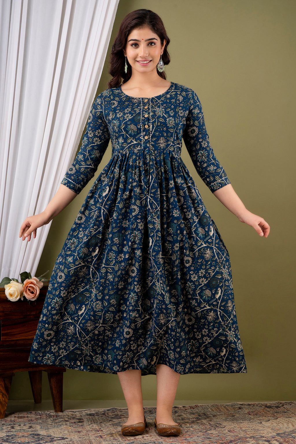 Majestic divas Cotton Teal Blue Beige Floral & Bird Printed Maternity Feeding Kurta Dress with Front Buttons & Dual Zippers