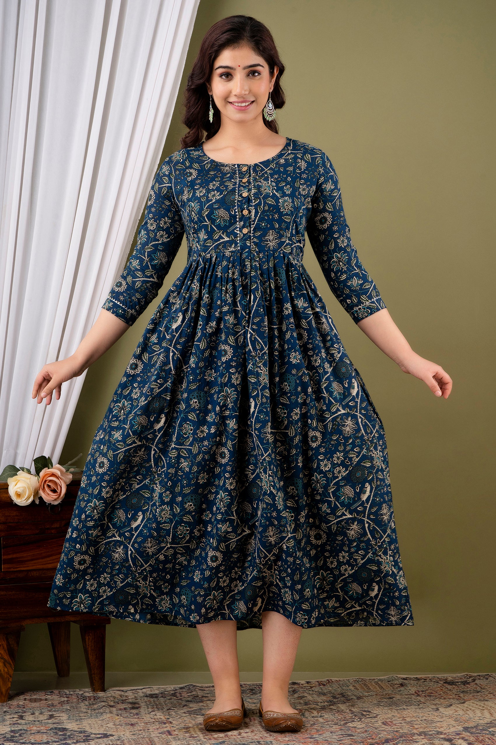 Majestic divas Cotton Teal Blue Beige Floral & Bird Printed Maternity Feeding Kurta Dress with Front Buttons & Dual Zippers
