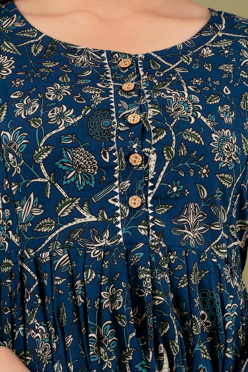 Majestic divas Cotton Teal Blue Beige Floral & Bird Printed Maternity Feeding Kurta Dress with Front Buttons & Dual Zippers