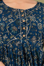 Majestic divas Cotton Teal Blue Beige Floral & Bird Printed Maternity Feeding Kurta Dress with Front Buttons & Dual Zippers