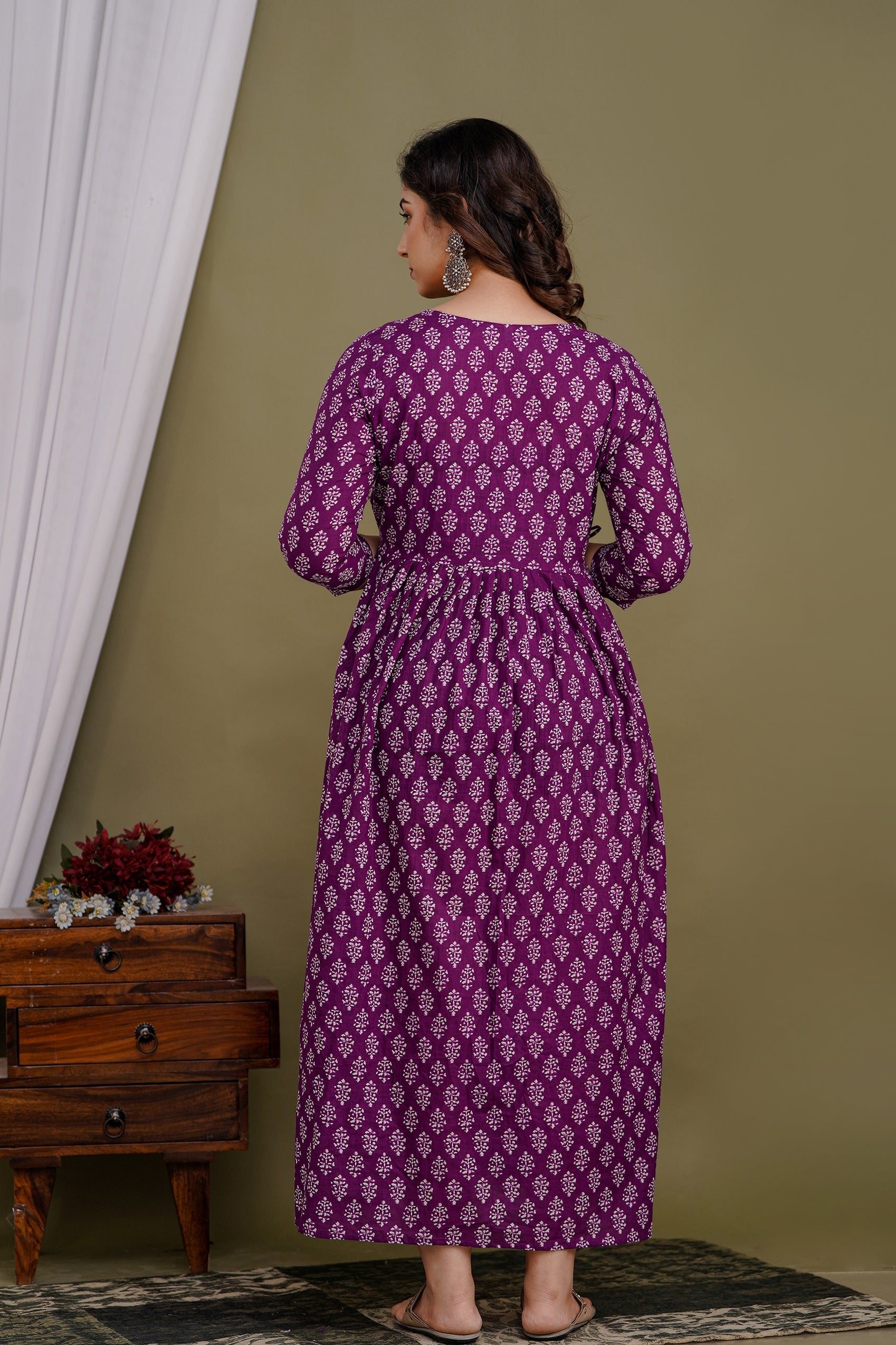 Majestic divas Cotton Purple Buti Printed Maternity Feeding Kurta Dress with Dual Side Zippers Secondary image