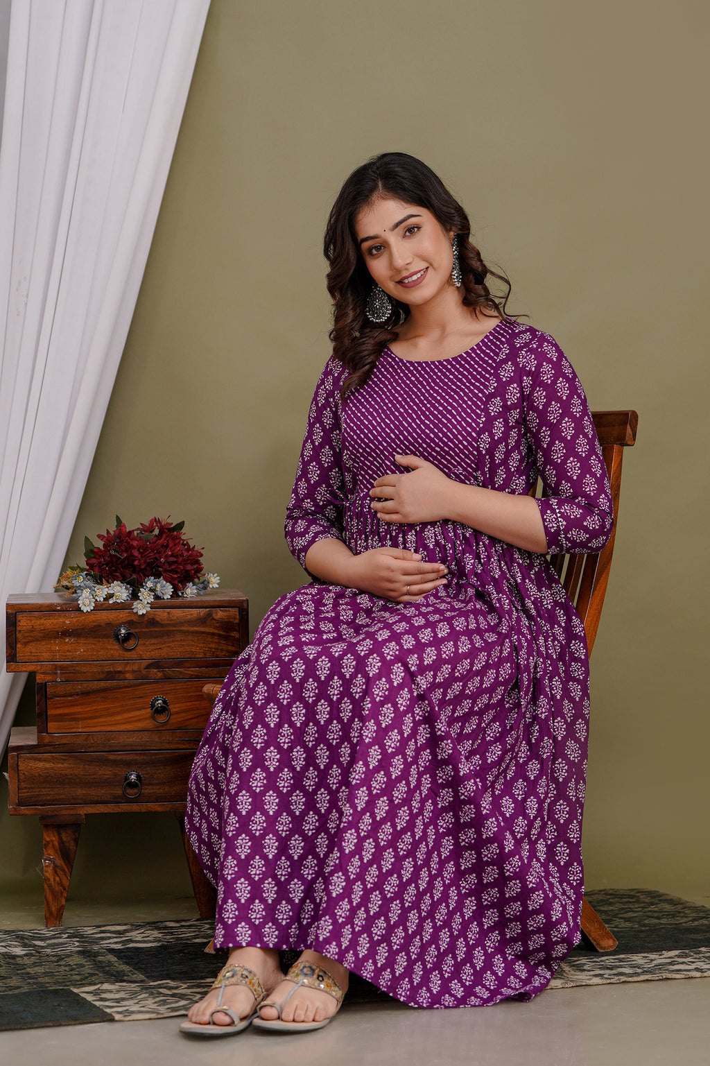 Majestic divas Cotton Purple Buti Printed Maternity Feeding Kurta Dress with Dual Side Zippers