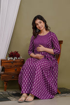 Majestic divas Cotton Purple Buti Printed Maternity Feeding Kurta Dress with Dual Side Zippers