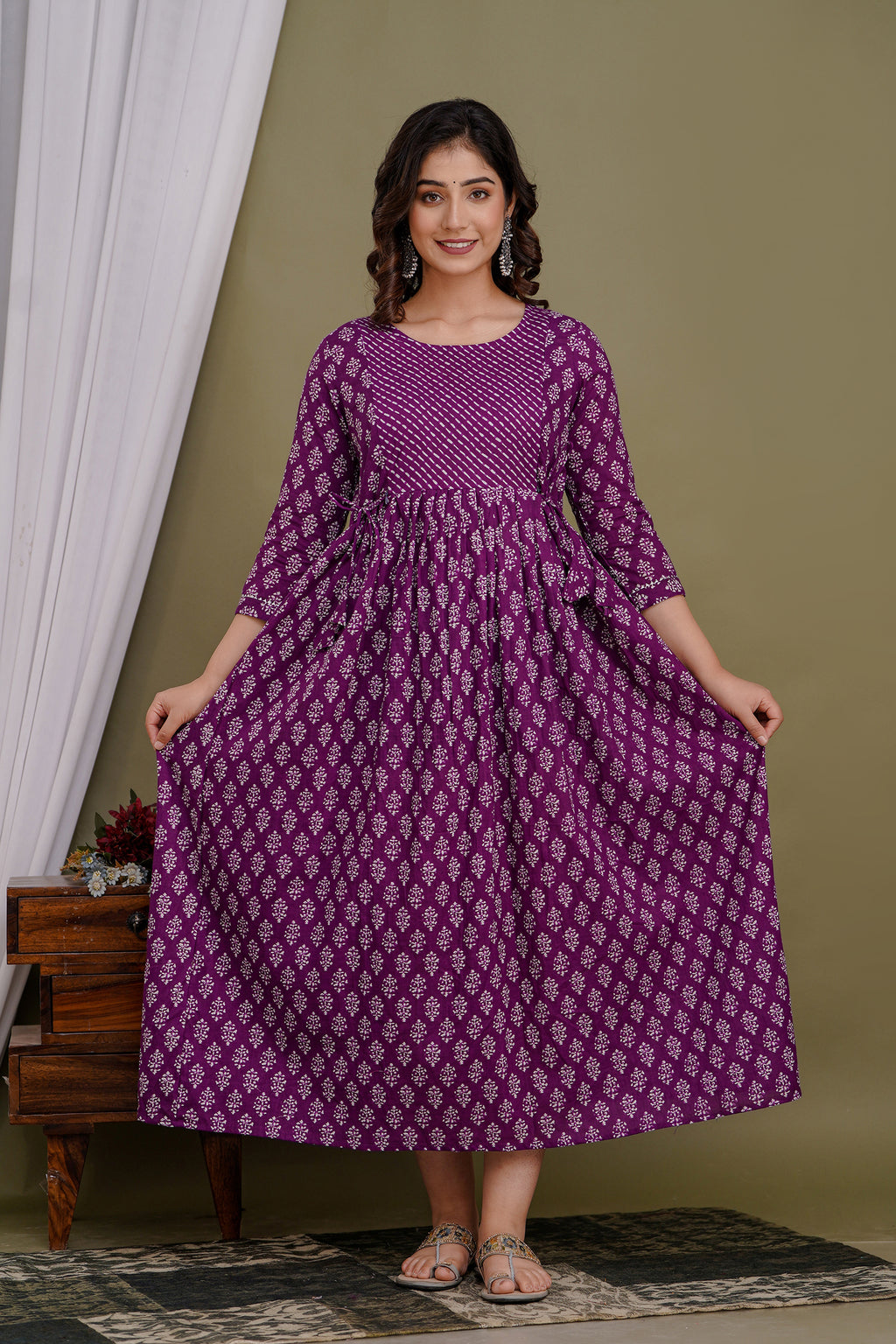 Majestic divas Cotton Purple Buti Printed Maternity Feeding Kurta Dress with Dual Side Zippers