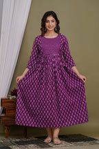 Majestic divas Cotton Purple Buti Printed Maternity Feeding Kurta Dress with Dual Side Zippers