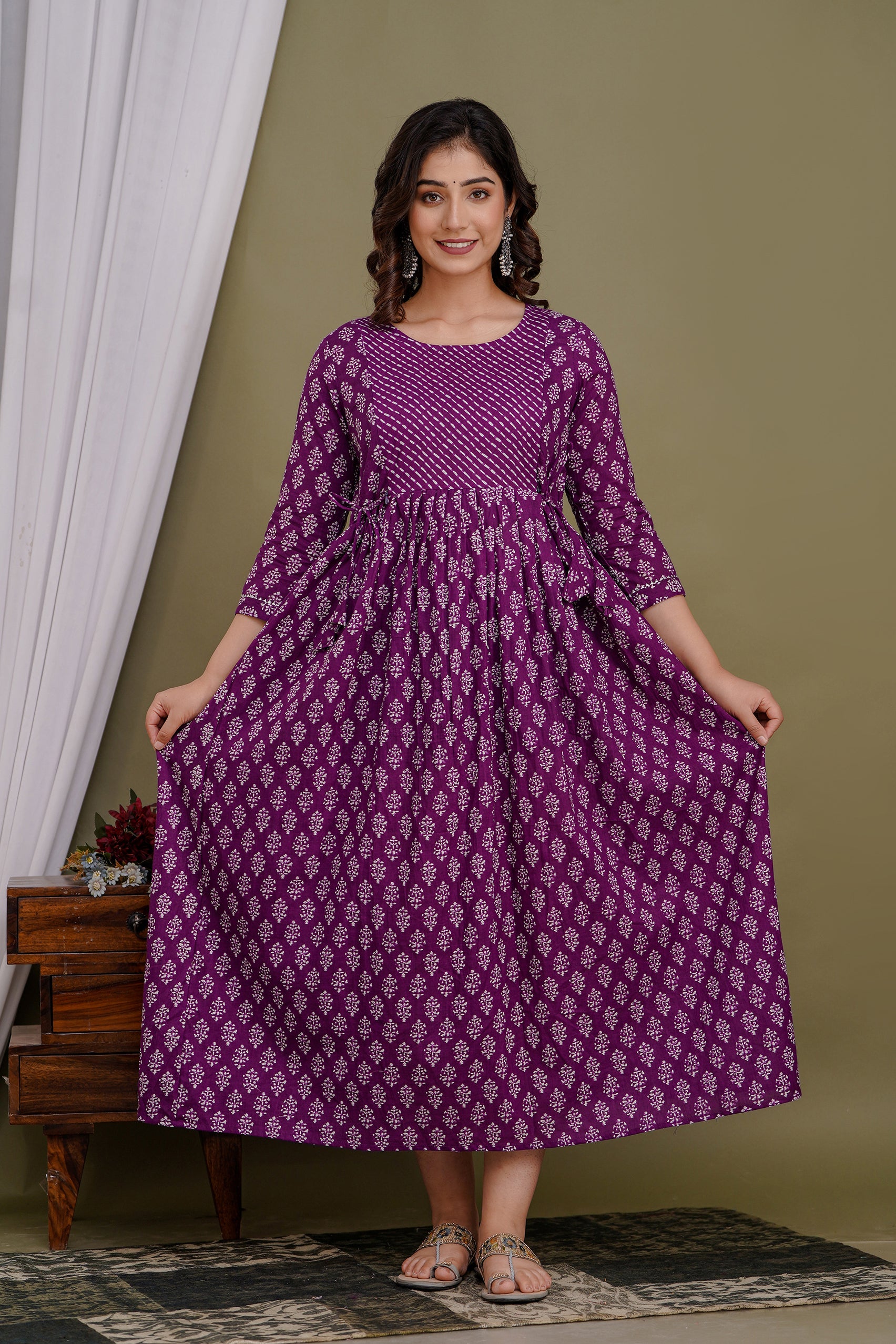 Majestic divas Cotton Purple Buti Printed Maternity Feeding Kurta Dress with Dual Side Zippers