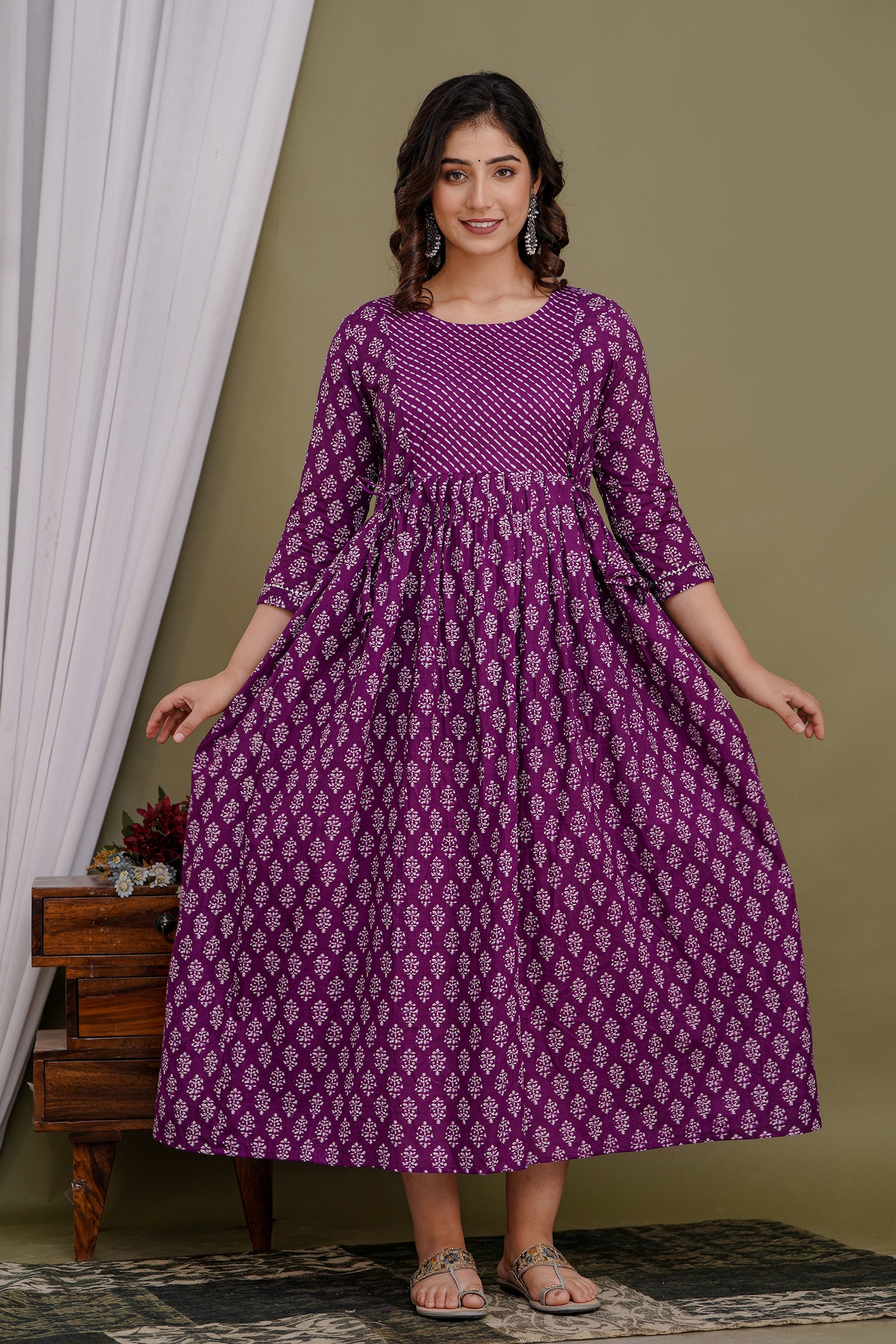 Majestic divas Cotton Purple Buti Printed Maternity Feeding Kurta Dress with Dual Side Zippers Main image