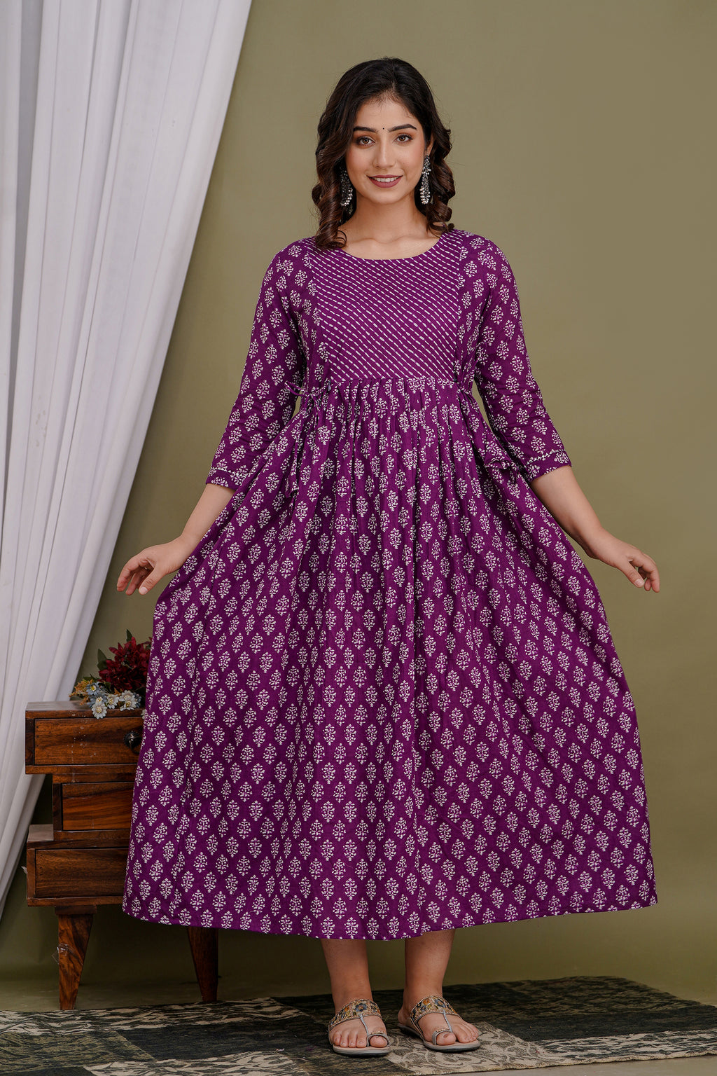 Majestic divas Cotton Purple Buti Printed Maternity Feeding Kurta Dress with Dual Side Zippers