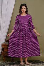 Majestic divas Cotton Purple Buti Printed Maternity Feeding Kurta Dress with Dual Side Zippers