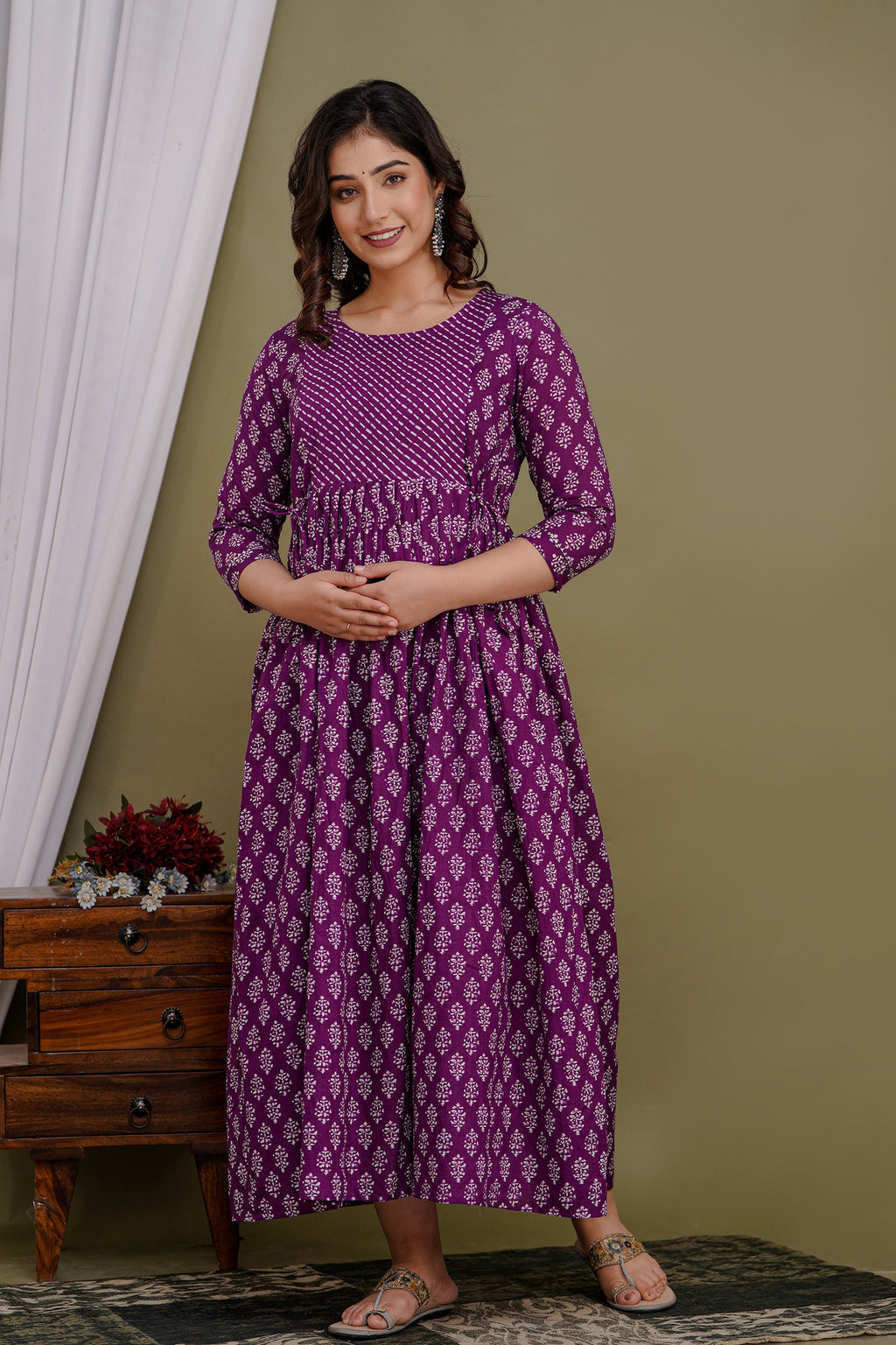 Majestic divas Cotton Purple Buti Printed Maternity Feeding Kurta Dress with Dual Side Zippers