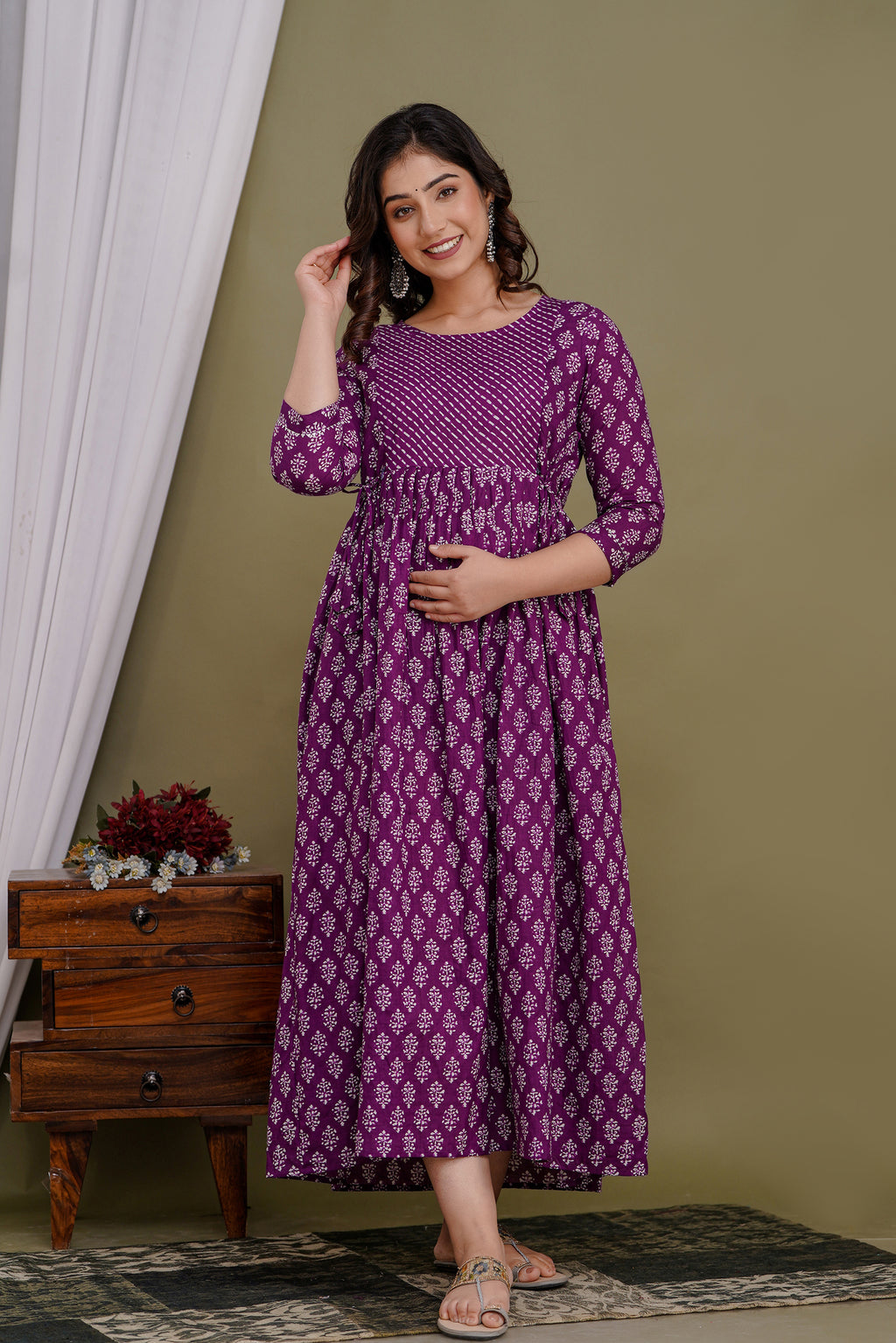 Majestic divas Cotton Purple Buti Printed Maternity Feeding Kurta Dress with Dual Side Zippers
