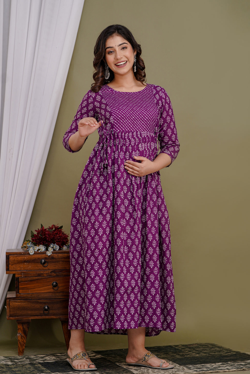 Majestic divas Cotton Purple Buti Printed Maternity Feeding Kurta Dress with Dual Side Zippers