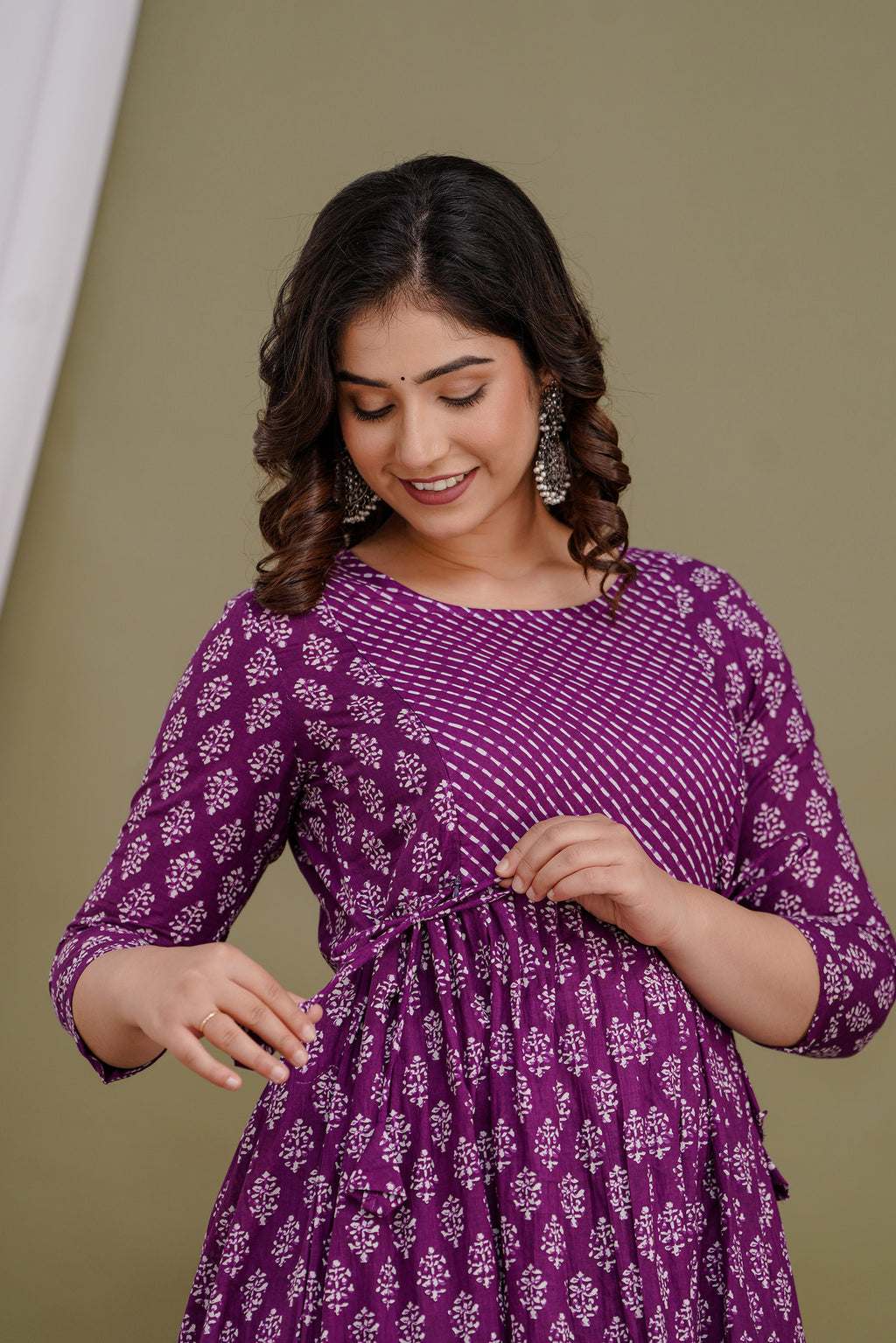 Majestic divas Cotton Purple Buti Printed Maternity Feeding Kurta Dress with Dual Side Zippers
