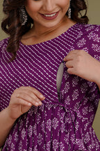 Majestic divas Cotton Purple Buti Printed Maternity Feeding Kurta Dress with Dual Side Zippers