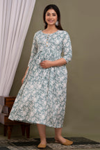 Majestic divas Cotton Sea Green White Floral Printed Maternity Feeding Kurta Dress with Dual Side Zippers