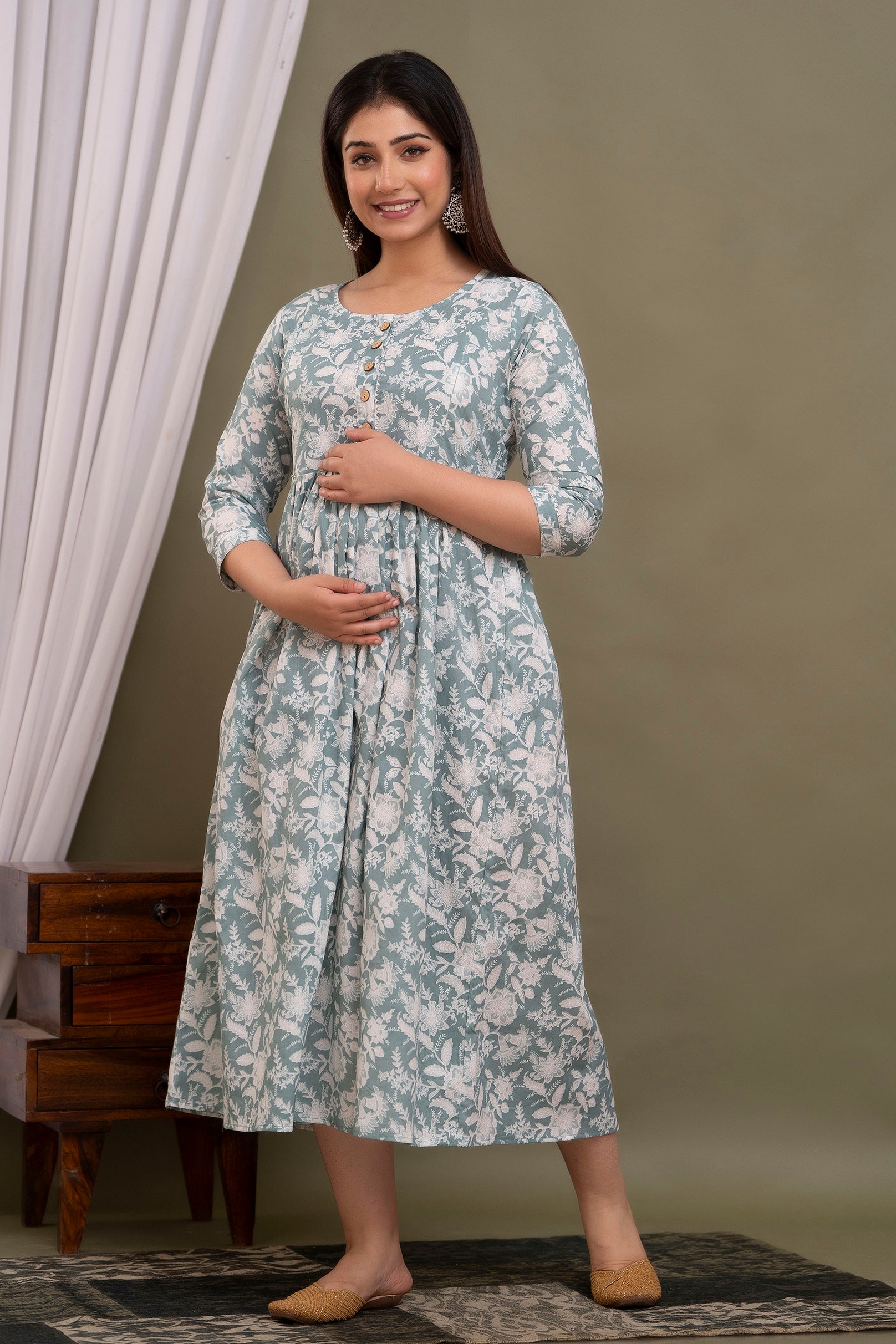 Majestic divas Cotton Sea Green White Floral Printed Maternity Feeding Kurta Dress with Dual Side Zippers Main image