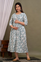 Majestic divas Cotton Sea Green White Floral Printed Maternity Feeding Kurta Dress with Dual Side Zippers