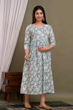 Majestic divas Cotton Sea Green White Floral Printed Maternity Feeding Kurta Dress with Dual Side Zippers
