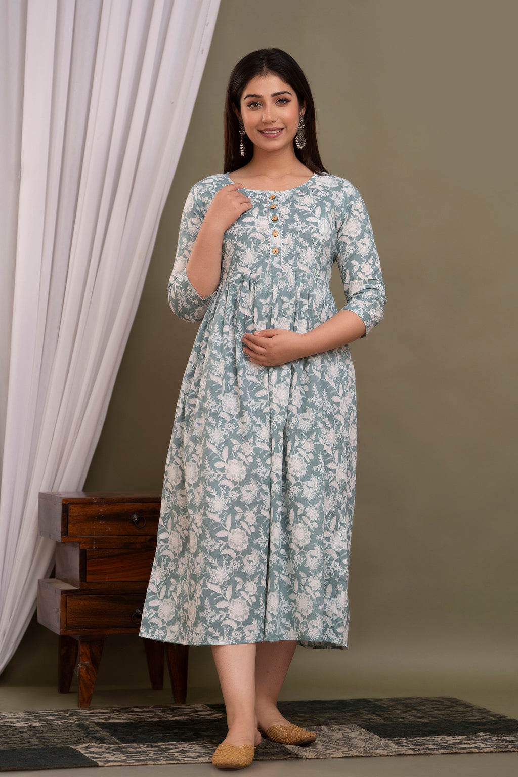 Majestic divas Cotton Sea Green White Floral Printed Maternity Feeding Kurta Dress with Dual Side Zippers