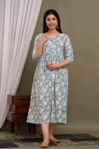 Majestic divas Cotton Sea Green White Floral Printed Maternity Feeding Kurta Dress with Dual Side Zippers