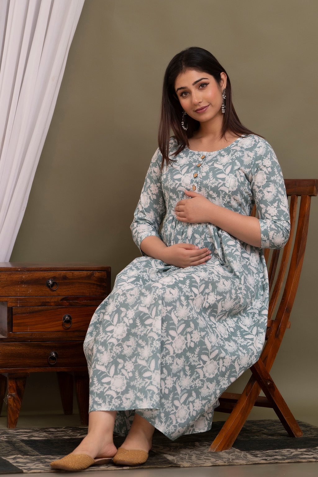 Majestic divas Cotton Sea Green White Floral Printed Maternity Feeding Kurta Dress with Dual Side Zippers