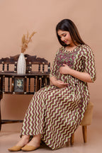 Majestic divas Cotton Olive Green & Wine Zigzag Printed Maternity Feeding Kurta Dress with Dual Side Zippers