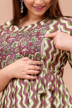 Majestic divas Cotton Olive Green & Wine Zigzag Printed Maternity Feeding Kurta Dress with Dual Side Zippers