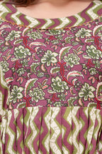 Majestic divas Cotton Olive Green & Wine Zigzag Printed Maternity Feeding Kurta Dress with Dual Side Zippers