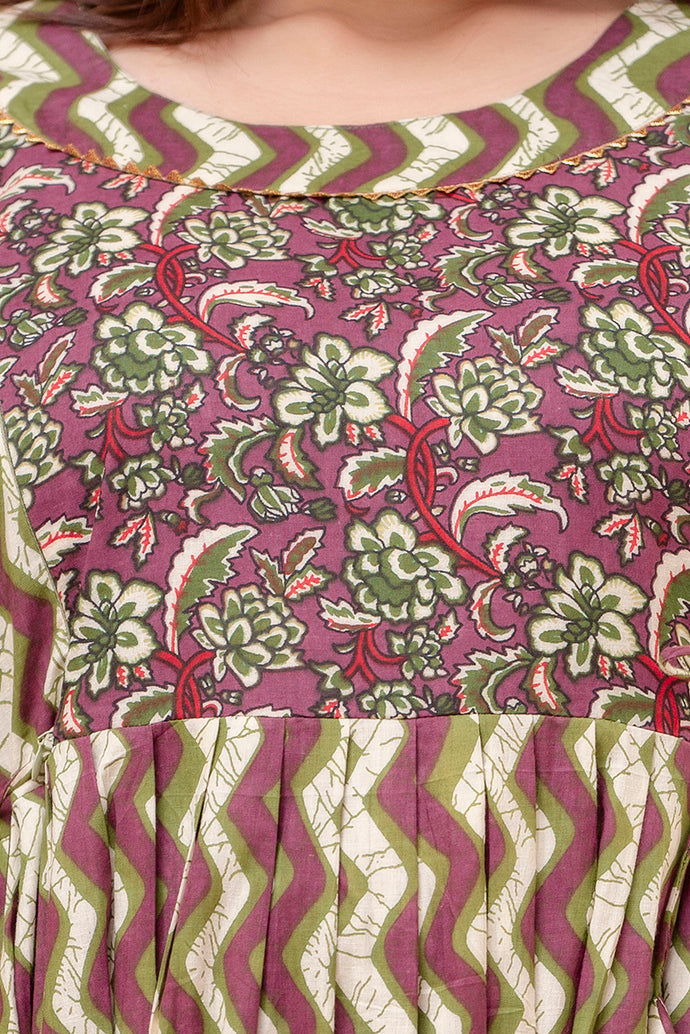 Majestic divas Cotton Olive Green & Wine Zigzag Printed Maternity Feeding Kurta Dress with Dual Side Zippers