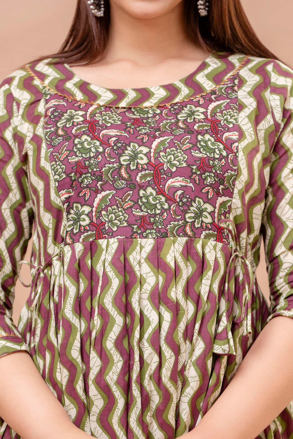 Majestic divas Cotton Olive Green & Wine Zigzag Printed Maternity Feeding Kurta Dress with Dual Side Zippers