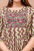 Majestic divas Cotton Olive Green & Wine Zigzag Printed Maternity Feeding Kurta Dress with Dual Side Zippers