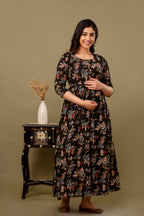 Majestic divas Cotton Black Multicolor Floral Printed Maternity Feeding Kurta Dress with Dual Side Zippers