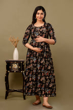 Majestic divas Cotton Black Multicolor Floral Printed Maternity Feeding Kurta Dress with Dual Side Zippers
